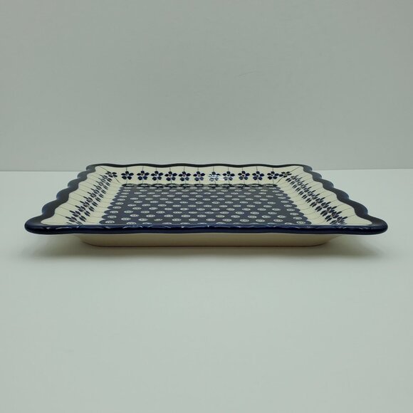 Polish Pottery Flowering Peacock Square Luncheon Plate Blue Floral Peacock Eyes - Picture 5 of 6